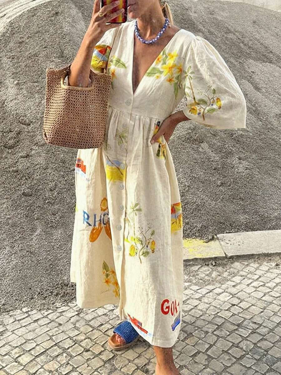 Spring & Summer Plus Size Casual Dress, New Fashion French Style V-Neck Relaxed Dress, Printed With Letters, Cartoons, Animals, Suitable For Back To School, Office Wear, Vintage, Minimalist, Plus Size - Yellow - View 1