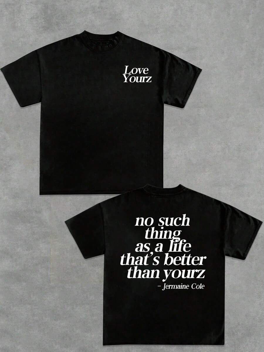 Love Yourz Jermaine Cole Quote Graphic Water Washed T-Shirts, Round Short Sleeved Tees, Summer Street T-Shirts, Holiday Gifts - 黑色 - 查看 1