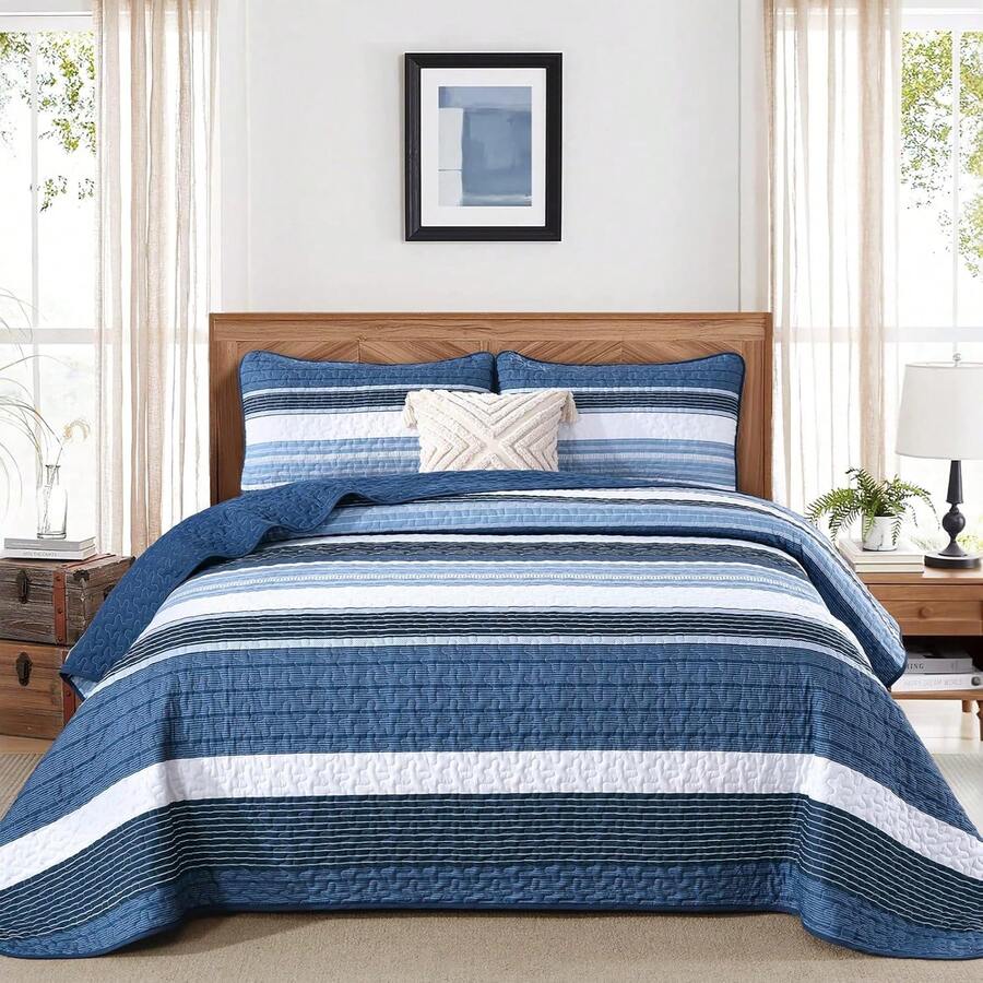 3 Pieces Boho Quilted Bedspread Set Blue Quilt Queen King Size, Bohemian Stripe Quilt Sets  Lightweight Microfiber Coverlet Bedding Set Suitable For Wedding Items, Valentines Day Home Bed Room Decor, Mothers Day Gift, All Season - 藍色2 - 查看 1