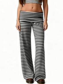 Lounge Yoga Pants For Women Fold Over Low Waist Wide Leg Sweatpants Flare Leggings Bell Bottoms Y2K Foldover Pants - 黑白條紋 - 查看 4