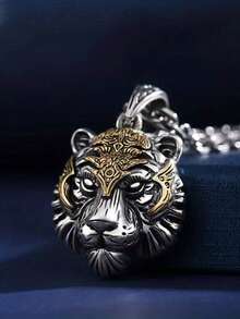 1件男士精致时尚虎头吊坠项链霸气野兽吊坠首饰配饰 - 銀色 - 查看 7