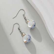 1 Pair Chinese Style Ceramic Blue And White Porcelain Tea Cup Shaped Earrings, Creative Unique Earrings - Multicolor - View 2