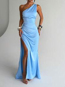 WOWDARK Summer Dress, Blue Fashion Women's Satin Asymmetric Slit Party Dress, Elegant Dress Suitable For Carnival, Dates, Gatherings, Parties, Travel, Vacation, Beach And Other Occasions - Blue - View 4