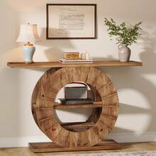 LITTLE TREE 41" Solid Wood Console Table With Storage, Farmhouse Sofa Table With 3-Tier Shelves & Carved Circle Base For Living Room, Hallway, Foyer - 棕色 - 查看 10