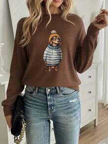 Áo nữ in hình cún con thời trang, thích hợp mặc hàng ngày vào mùa thu/đông, đi học, ngày đầu tiên đến trường năm 2026. - màu nâu - Xem 3