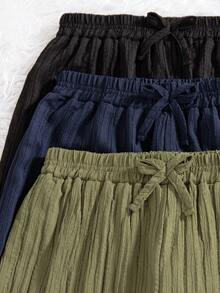 3pcs/Set Girls' Casual Solid Color Pants With Bow Decor Elastic Waistband, Suitable For Spring & Autumn - Army Green - View 3