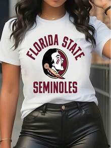 Women's Florida State Seminoles Graphic Print Short Sleeve T - Shirt, Casual Crew Neck Cotton Tee Top For Game Day, Loose Fit Fan Apparel,Tops For Women,Women Tops,Women's Tops Clothes ,Women Tops, Blouses & Tee  Camiseta Para Mujer,Motif Women Clothes,Summer Clothes,Spring Outfits For Women,Graphic Tees Women,Black Top,Summer Tops, - trắng - Xem 6
