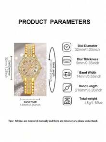 女士手表套装，时尚优雅的圆形石英表，饰有水钻，搭配同款手链，适合日常佩戴，生日礼物套装（不含礼盒） - 金色 - 查看 8