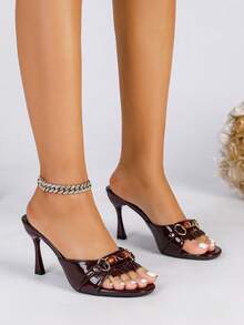 Women's Summer New One-Strap Round Toe Tassel Chain Buckle Stiletto High Heel Slippers - Burgundy - View 5