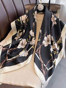 1pc Women's Satin Smooth Texture Cashew Pattern Printed Beach Scarf, Large Shawl For Vacation, Daily Wear - Flowers Black - View 1