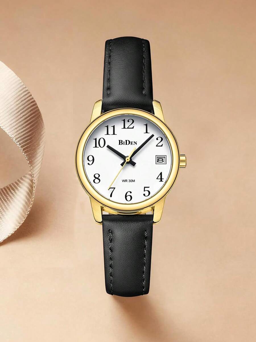 BIDEN 1件装 时尚阿拉伯数字表盘女士石英表 休闲真皮表带腕表 女孩手表礼物 - 金色 - 查看 1