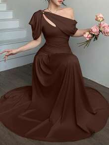 abyoxi 女士棕色褶裥修身喇叭连衣裙，优雅时尚，适合派对、约会、度假、婚礼、正式场合、宴会、教师节、母亲节、毕业典礼等场合，春夏弹力修身长裙 - 棕色 - 查看 4