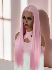粉色直发合成蕾丝假发，中分直发粉色假发，自然发际线，耐热纤维蕾丝假发，女士角色扮演服饰 - 彩色 - 查看 4