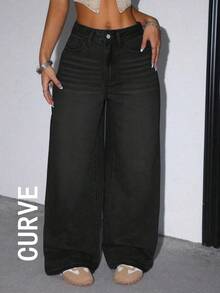 Celana Jeans Wanita Ukuran Besar Kasual Longgar Model Lurus dengan Kantong, Warna Hitam Musim Semi - Hitam - View 7