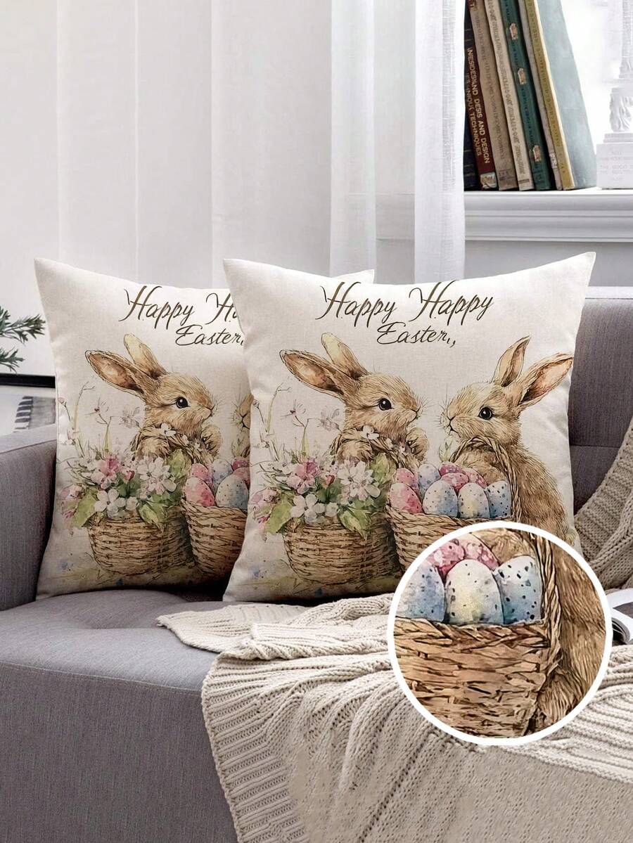 2个复活节兔子印花枕套，油画风格，隐形拉链，可水洗，无填充物，适合家居装饰、客厅、卧室、沙发靠垫 - 彩色 - 查看 1