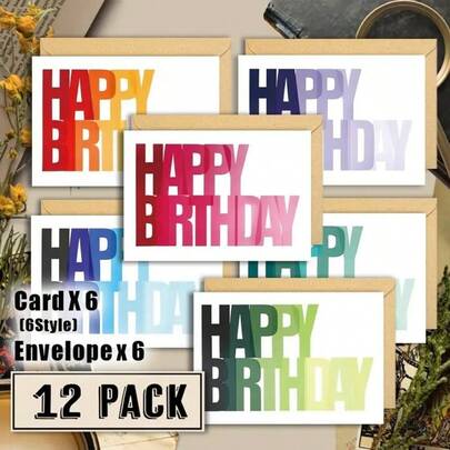 12pcs Assorted Interesting Birthday Cards, Includes 6 Cards And 6 Envelopes - Upright Display, Paper Material - Bulk Set With Envelopes, Suitable For Family And Friends