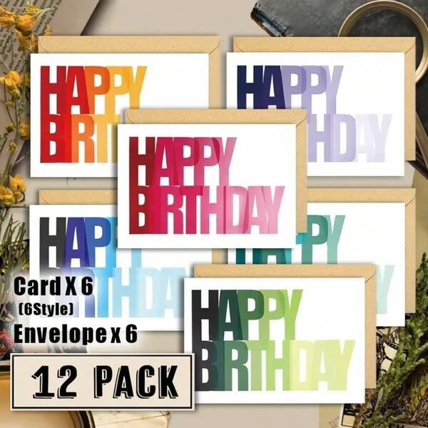 12pcs Assorted Interesting Birthday Cards, Includes 6 Cards And 6 Envelopes - Upright Display, Paper Material - Bulk Set With Envelopes, Suitable For Family And Friends