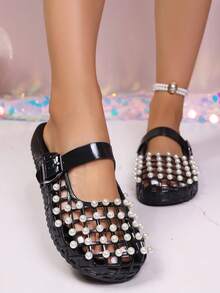 Women's Fashion Versatile Pearl Hollow Out Sandals - Black - View 2