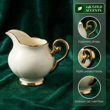 1个陶瓷奶罐 - 优雅的金色镶边设计，经久耐用且耐热，大容量，高档家用盛器，完美适用于各种家庭使用场景：餐桌、下午茶、早餐，可盛放牛奶、奶油或酱汁。 - 彩色 - 查看 7