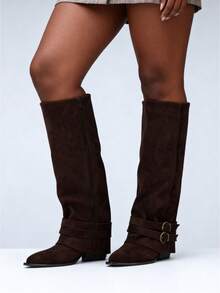 Botas altas de ante vintage para mujer, con detalle de hebilla y cremallera lateral, para primavera - marrón oscuro - Ver 8