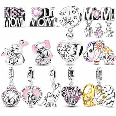 1件镀银串珠吊坠，母亲节系列，包含字母“MOM”、大象、兔子、心形、生命之树、母女图案，适合制作手链、项链等DIY饰品，母亲节送给妈妈的礼物