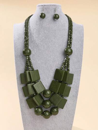 Bộ dây chuyền và bông tai hạt gỗ thủ công nhiều lớp, kiểu dáng phóng khoáng, mang phong cách Bohemian, Châu Âu, Trung Đông, Hàn Quốc, thích hợp cho tiệc tối, du lịch Nam Á dành cho nữ.