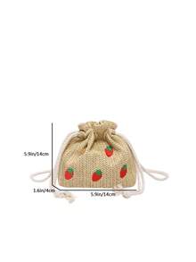 1个女童草莓图案编织纸抽绳单肩包，适合春夏休闲穿着 - 彩色 - 查看 2