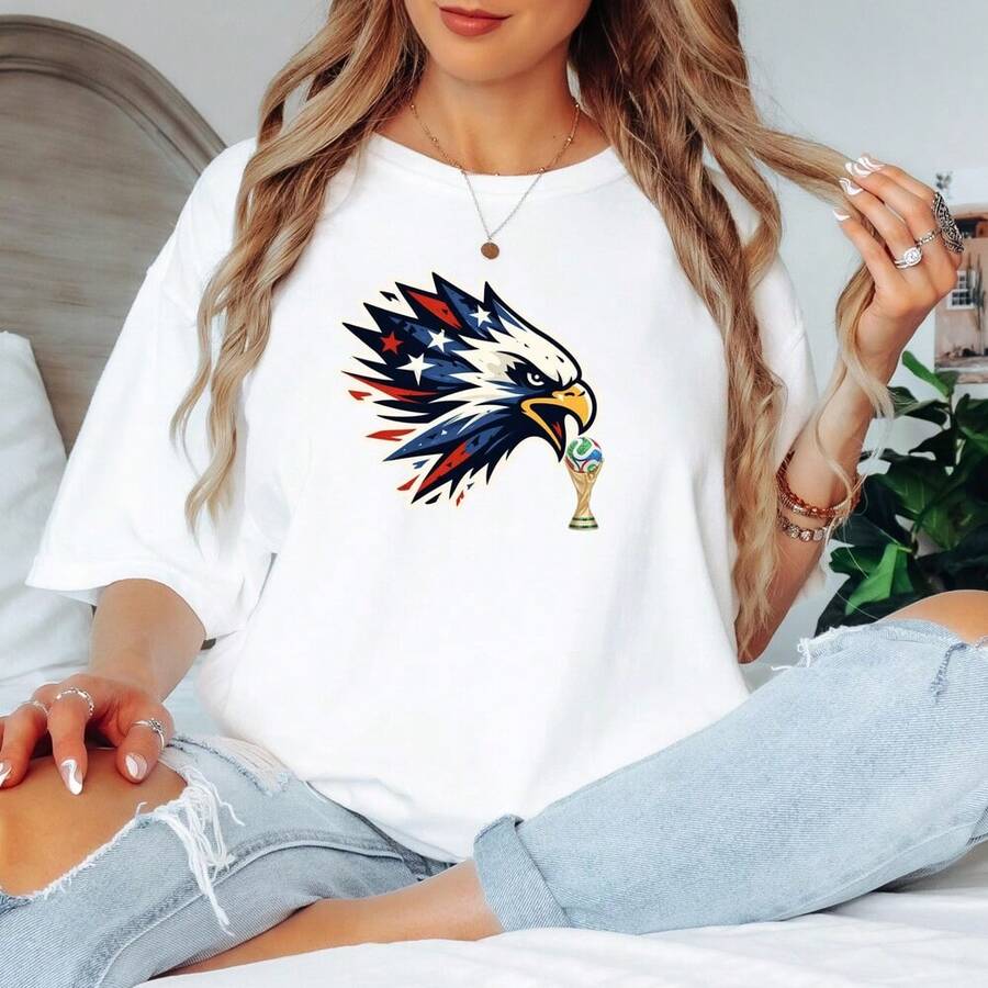 Patriotic Eagle Soccer Shirt _ World Cup 2026, USA Football Fan T Shirt - 白色 - 查看 1