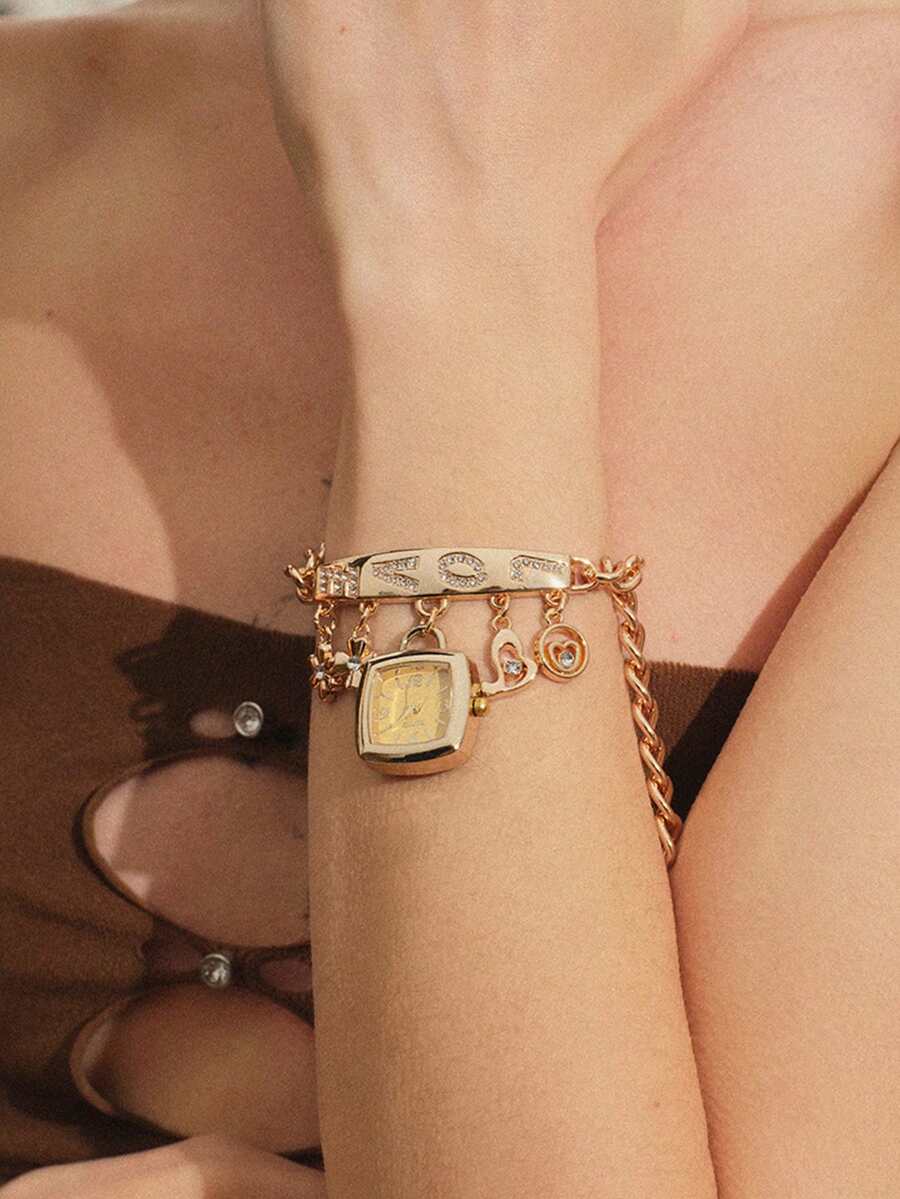Glisma 1pc Fashion Alloy Crystal Pendant Charm Bracelet Watch Quartz Wrist Watch Love Bracelet Watch, Minimalist Design For Women - Gold - View 1