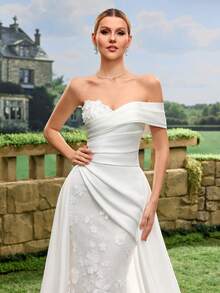 Đầm cưới lệch vai bằng satin, thiết kế xẻ tà ren, dáng suông, phù hợp cho các buổi tiệc trang trọng và đám cưới, váy cưới màu trắng, trang phục cưới tại nhà thờ, váy cưới thân mật mùa xuân - trắng - Xem 7