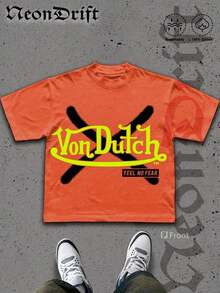 SummerNeonDrift Street Double-Sided Printing Cotton T-Shirt 100% Cotton Fabric Unisex Style-Men T Shirt Skull Graphic Print Neon Yellow Orange Cross Design Streetwear Fashion Casual Wear For Urban Style Fans Hip Hop Look Breathable 100 Cotton Comfortable FitLoose And Comfortablesummer Clothes - 橘色 - 查看 2
