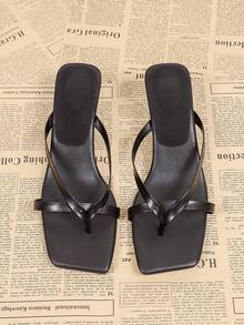 Square Toe Asymmetric Heel Women's High Heel Sandals, Black Summer Beach Casual Sandals - Black - View 5
