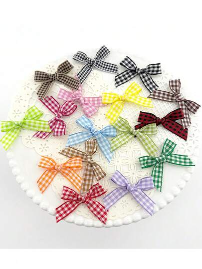50pcs 4*4cm Scottish Plaid Ribbon With Bow, Candy Color Checkered Ribbon For Handbags, Clothing, Stationery, Gifts, DIY Decorations, Gift Box Packaging Supplies
