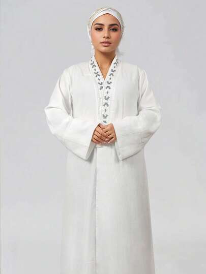 2pcs Women's Hajj Dress (Abaya) And Headscarf Set - Pure White Long Sleeve Dress With Black Geometric Embroidery Pattern, Open Front Style, Lightweight Woven Fabric, Elegant Islamic Clothing Suitable For Hajj, Eid, And Ramadan Prayer Spring