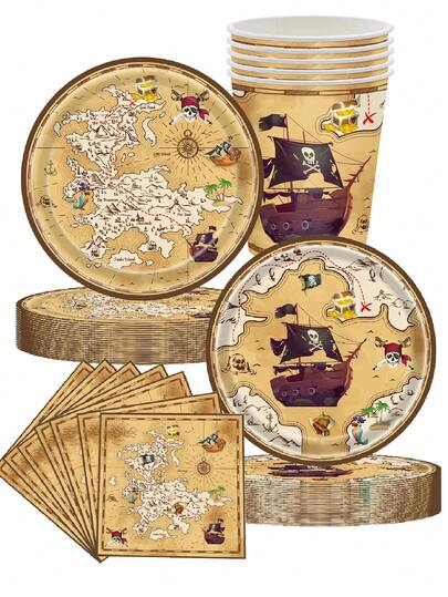10pcs Pirate Treasure Hunt Theme Birthday Party Decoration Supplies Disposable Paper Plates Paper Towels Paper Cups Exquisite Crafts Fashion Match Picnic Party Pirate Ship Map Pirate Treasure Hunt Game Party