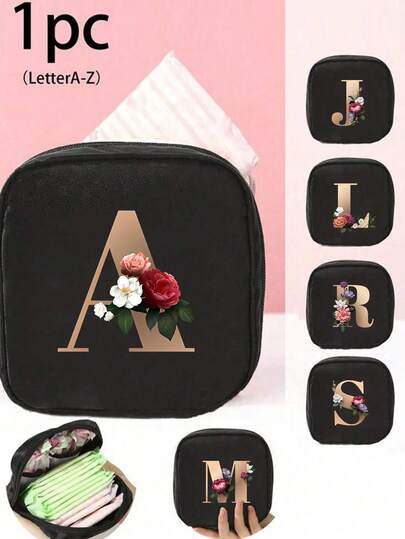 1 Túi đựng đồ họa tiết hoa và chữ cái - Màu đen, đựng băng vệ sinh có chữ cái A-Z, ví đựng tiền xu dung tích lớn, túi đựng tiền mặt cho bé gái - Túi đựng mỹ phẩm và đồ dùng vệ sinh cá nhân hình vuông, nhỏ gọn và dễ mang theo, đáp ứng nhu cầu đựng đồ dùng hàng ngày khi đi du lịch, phù hợp cho người yêu thích du lịch, là món quà tuyệt vời cho gia đình - Đặc biệt phù hợp cho các bạn gái trong thời kỳ kinh nguyệt.