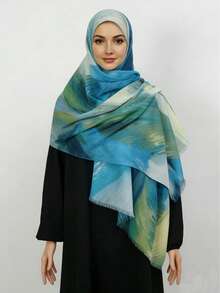 1pc Ombre Blue-Green Scarf, Headband, Hijab - Multicolor - View 1