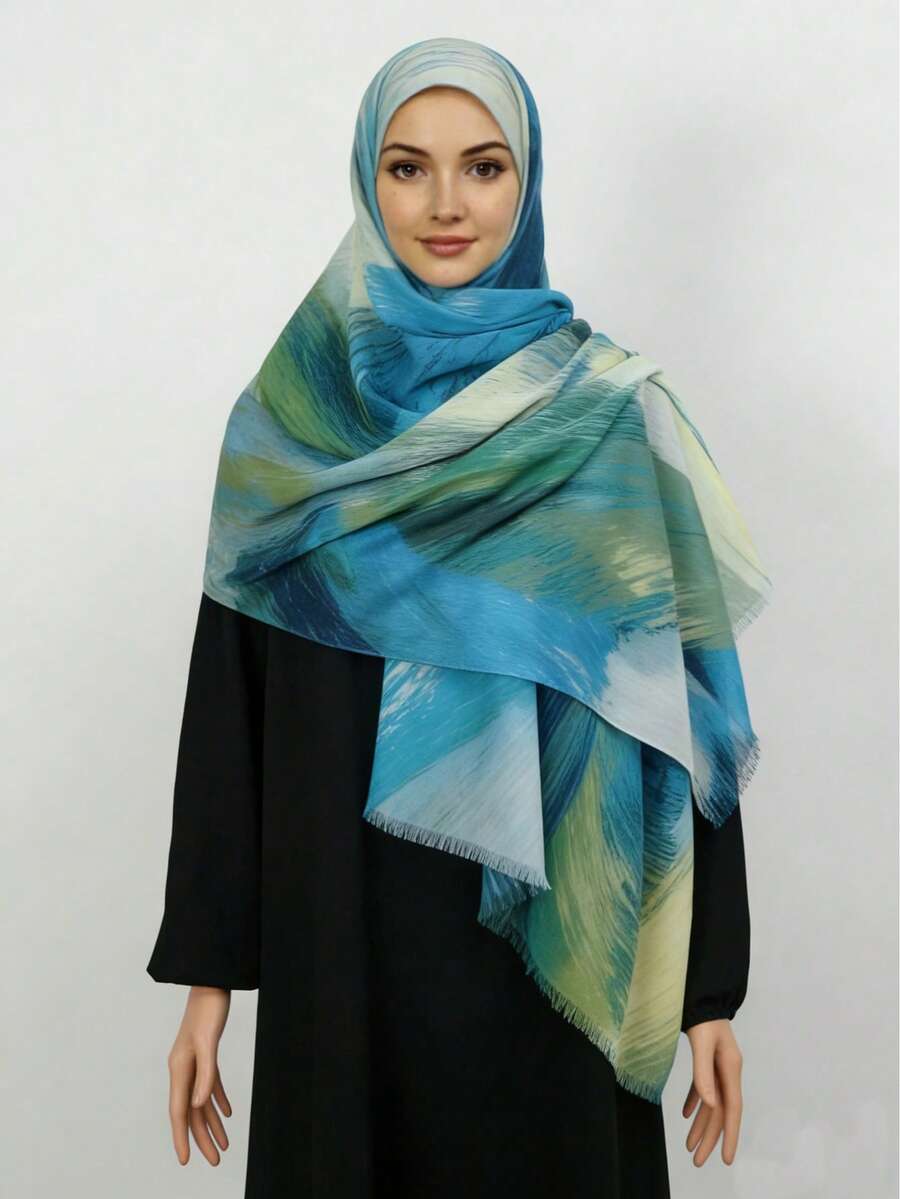 1pc Ombre Blue-Green Scarf, Headband, Hijab - Multicolor - View 1