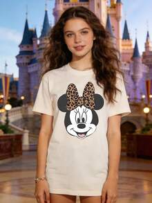 Disney Authorized Women's Casual Short Sleeve T-Shirt,  Leopard Bow Print, Sweet & Cool Girl Style, Breathable Comfortable Fabric, Machine Washable, All-Match For Multiple Scenarios - 杏色 - 查看 1