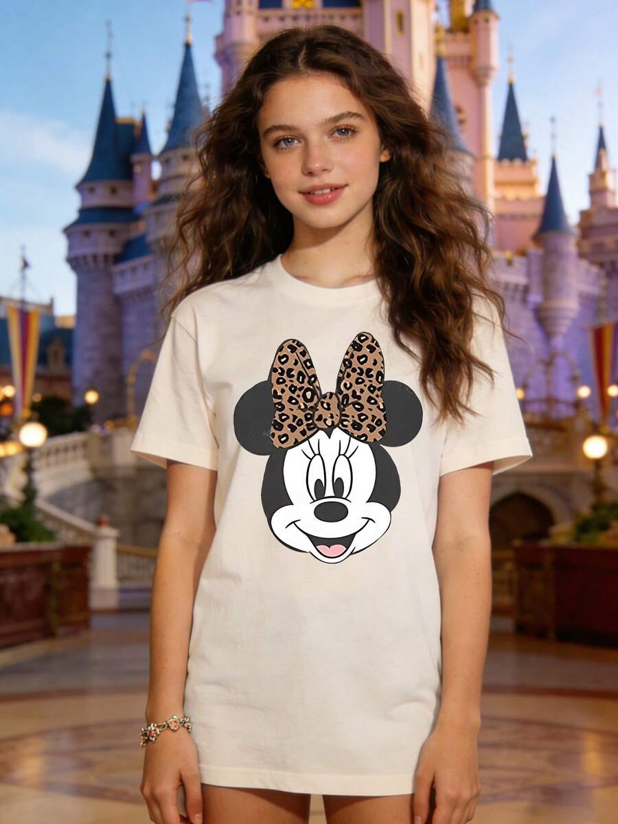 Disney Authorized Women's Casual Short Sleeve T-Shirt, Leopard Bow Print, Sweet & Cool Girl Style, Breathable Comfortable Fabric, Machine Washable, All-Match For Multiple Scenarios - 杏色 - 查看 1