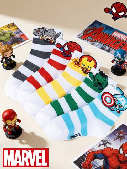 Marvel 1/5双漫威超级英雄蜘蛛侠、雷神图案儿童袜子。荷叶边装饰，复活节礼物，彩色条纹设计。男女童袜，柔软舒适，透气不闷热，四季皆宜，多功能学生运动袜。