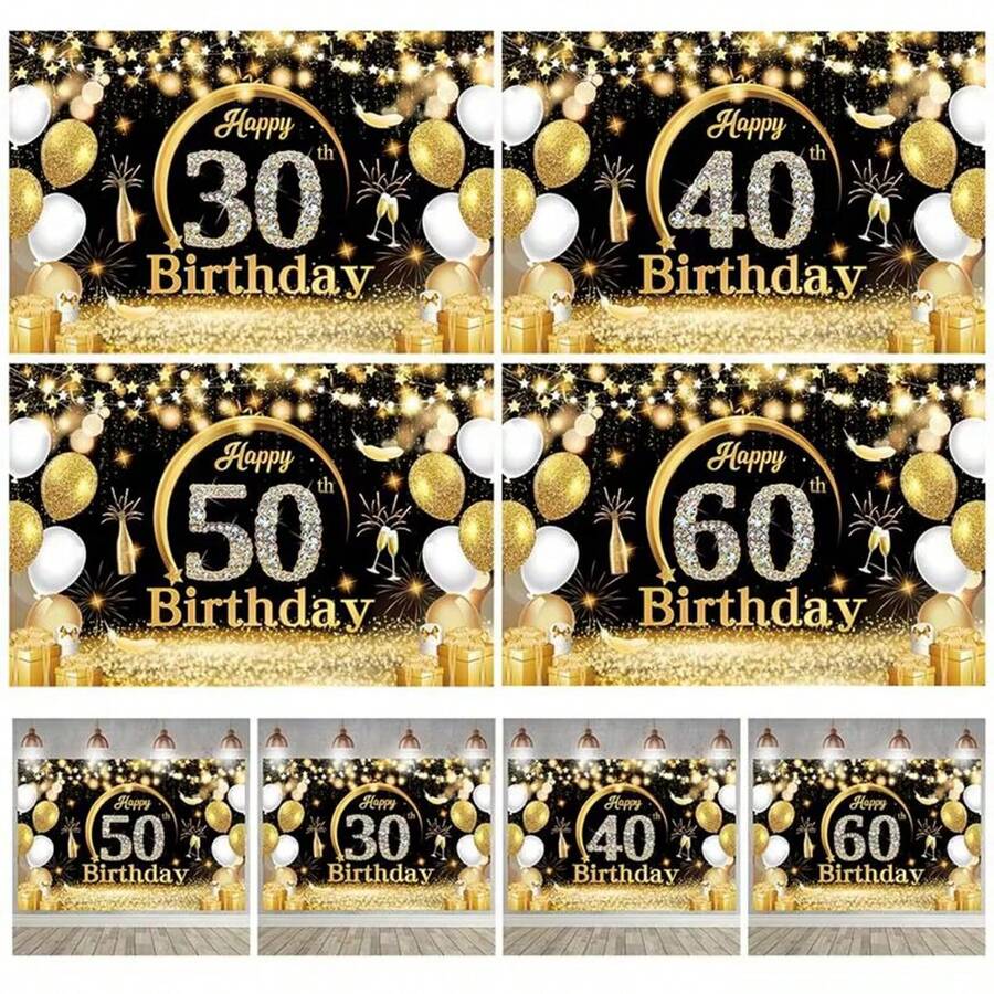 AFYPRTY 1件210x150厘米涤纶黑色金色闪光30岁40岁50岁60岁生日背景布，闪亮钻石数字气球礼品香槟拍照背景，适用于成人派对装饰、里程碑庆祝摄影棚道具 - A - 查看 1