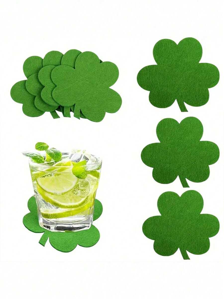 10 pièces Dessous de verre en feutre vert à quatre feuilles de trèfle pour la Saint-Patrick, tapis antidérapants résistants à la chaleur avec trèfles chanceux pour les tasses et les tasses, décoration de bureau et de maison pour la fête irlandaise, cadeaux pour les fêtes et les anniversaires - Voir 1