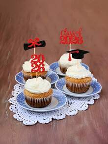 4pcs 2026 Graduation Cupcake Toppers, Blue/Pink/Red/Gold Glitter Double-Sided Graduation Cap Cake Decorations, 2026 Graduation Party Cake Topper Picks, Dessert Decor With Diploma And Graduation Cap Designs, Suitable For 2026 Graduation Party Decorations - Multicolor - View 8