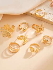 8pcs/Set Vintage Smooth Plain Rings, Bohemian Starfish Personalized Rings, Fashion Rings - Gold - View 4