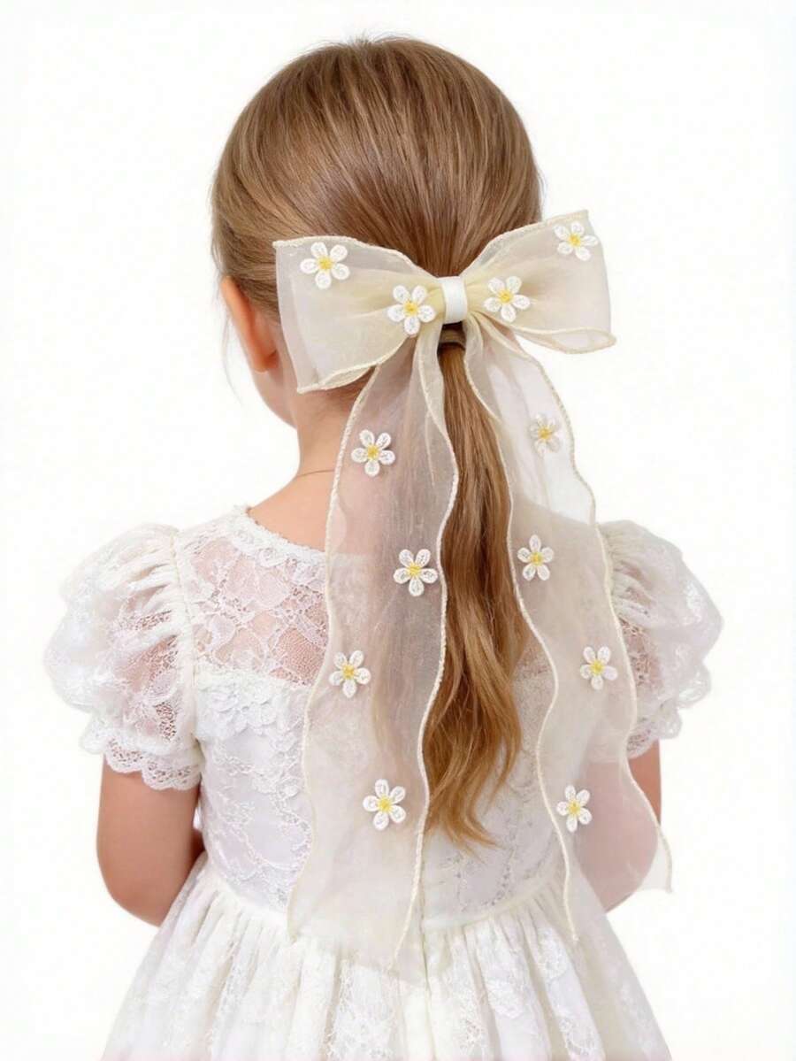 1个女孩精致网纱刺绣花朵蝴蝶结发夹 - 米色 - 查看 1