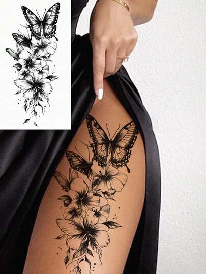 1张精致蝴蝶花朵图案临时纹身贴纸，纸质纹身贴纸，多用途人体彩绘假纹身，适用于手臂、胸部、腹部和背部，易于粘贴和去除