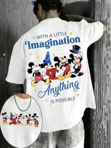 Disney Official Licensed Mickey Mouse With A Little Imagination Magic Print 220g Cotton Crew Neck Unisex Tee - trắng - Xem 1