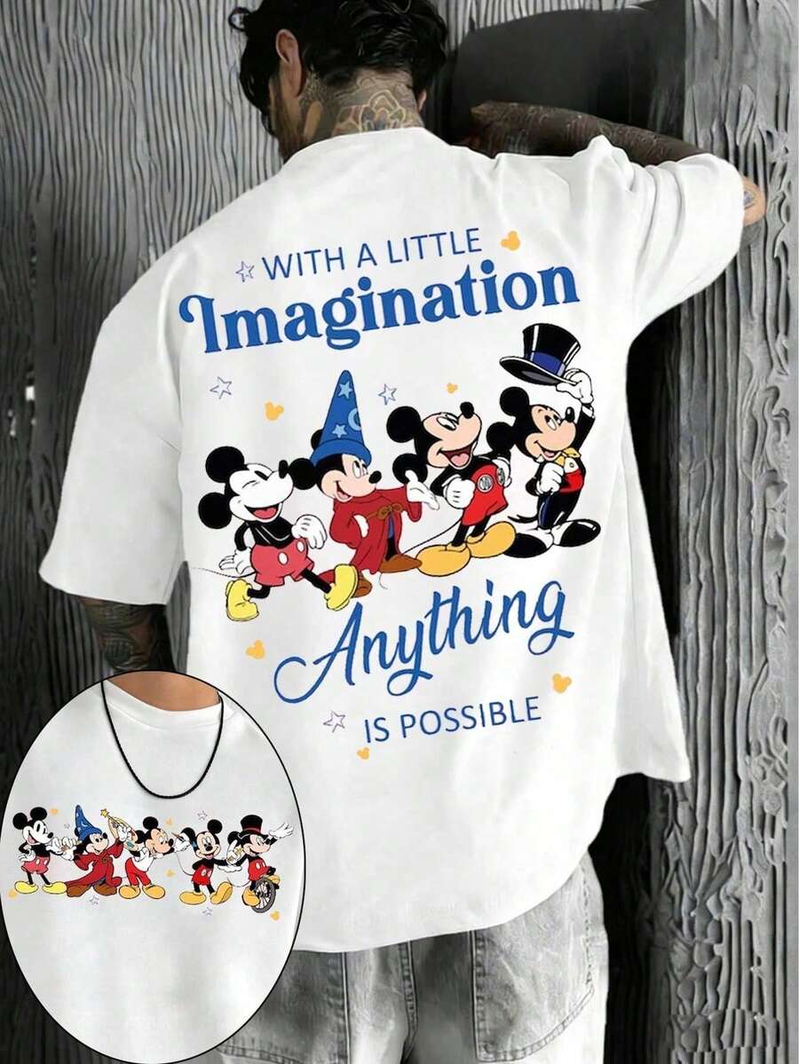 Disney Official Licensed Mickey Mouse With A Little Imagination Magic Print 220g Cotton Crew Neck Unisex Tee - trắng - Xem 1