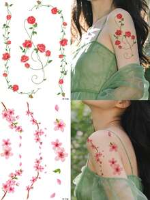 1 Sheet Leaf Vine Temporary Tattoo Stickers For Women, Waterproof Long-Lasting, Roses And Floral Designs, Spring&Summer Decoration Additions, Delicate And Exquisite, Suitable For Arms, Wrists, Insteps, Collarbones, Backs, Fake Tattoos - MultiWarna - View 3